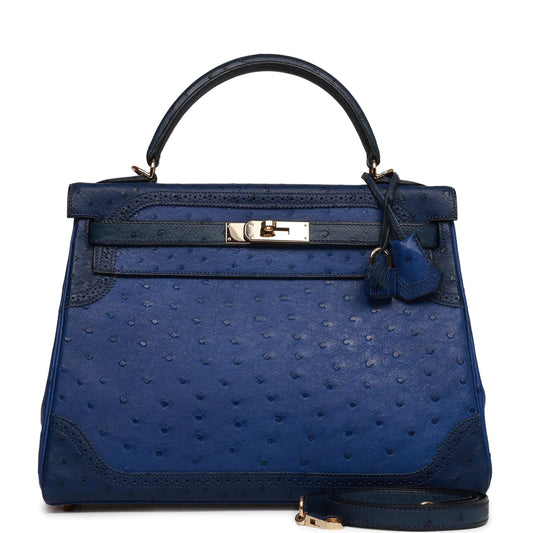 Hermès Ghillies Kelly Retourne 32 Bleu Saphir, Bleu Iris and Bleu de Malte Ostrich Permabrass Hardware