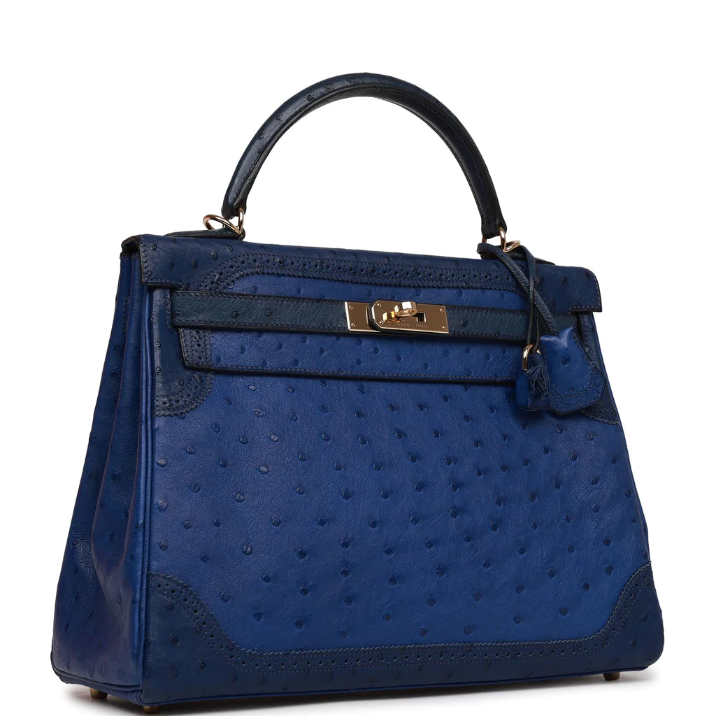 Hermès Ghillies Kelly Retourne 32 Bleu Saphir, Bleu Iris and Bleu de Malte Ostrich Permabrass Hardware