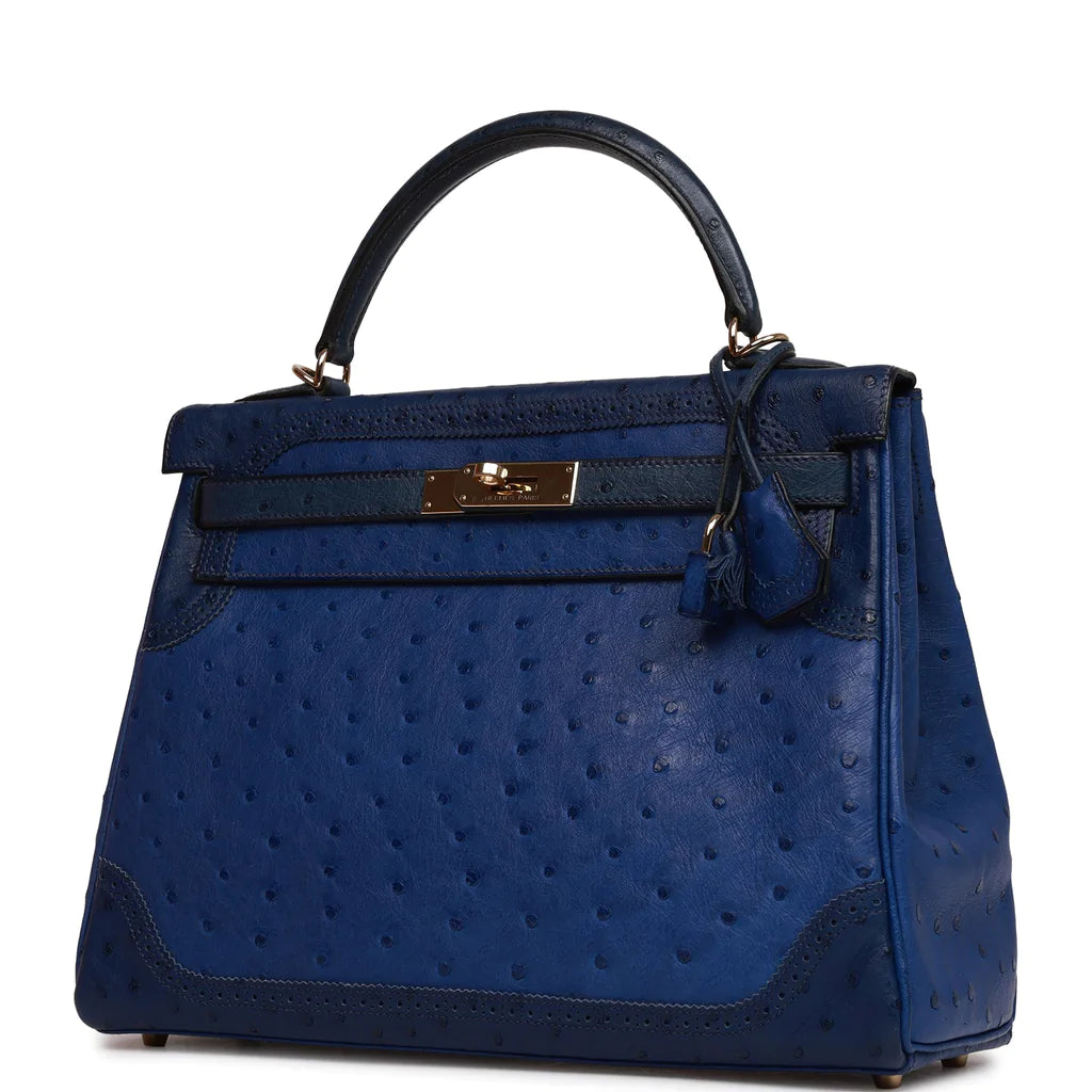 Hermès Ghillies Kelly Retourne 32 Bleu Saphir, Bleu Iris and Bleu de Malte Ostrich Permabrass Hardware