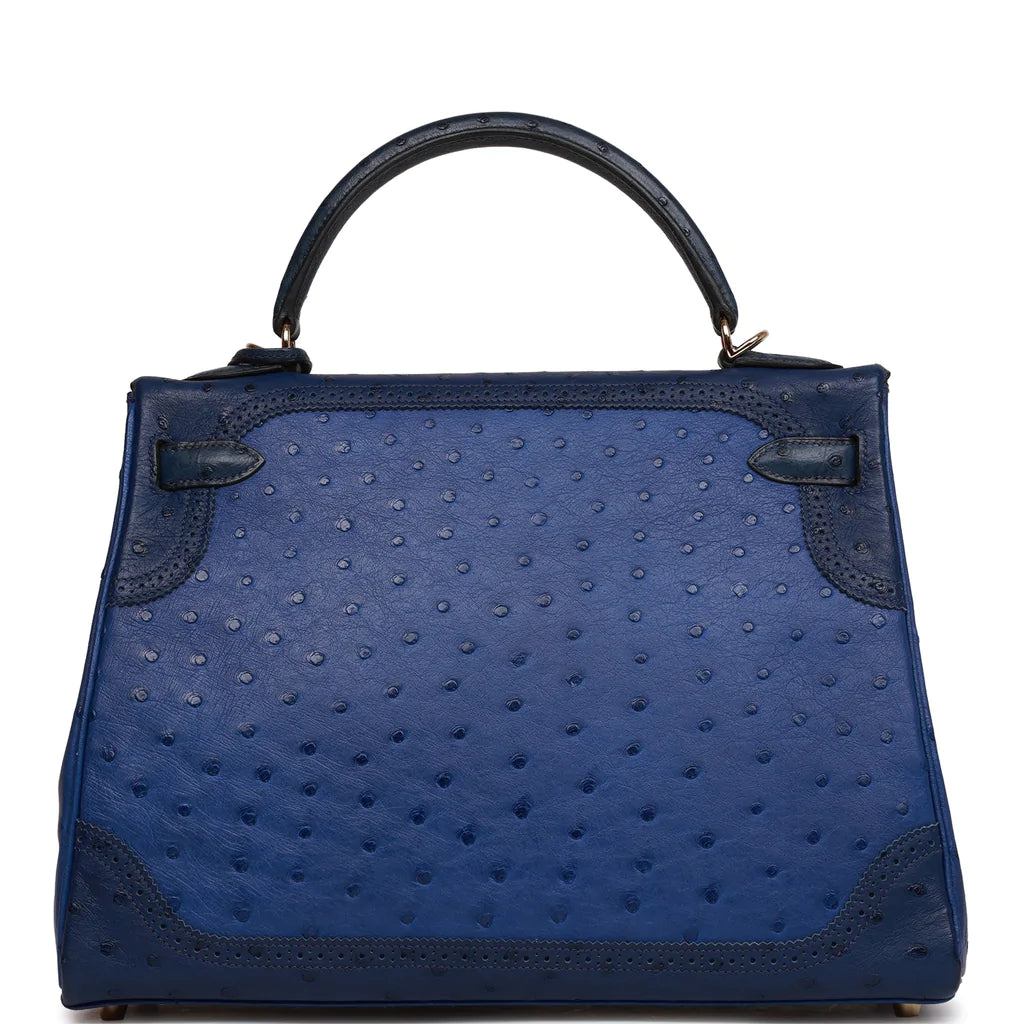 Hermès Ghillies Kelly Retourne 32 Bleu Saphir, Bleu Iris and Bleu de Malte Ostrich Permabrass Hardware