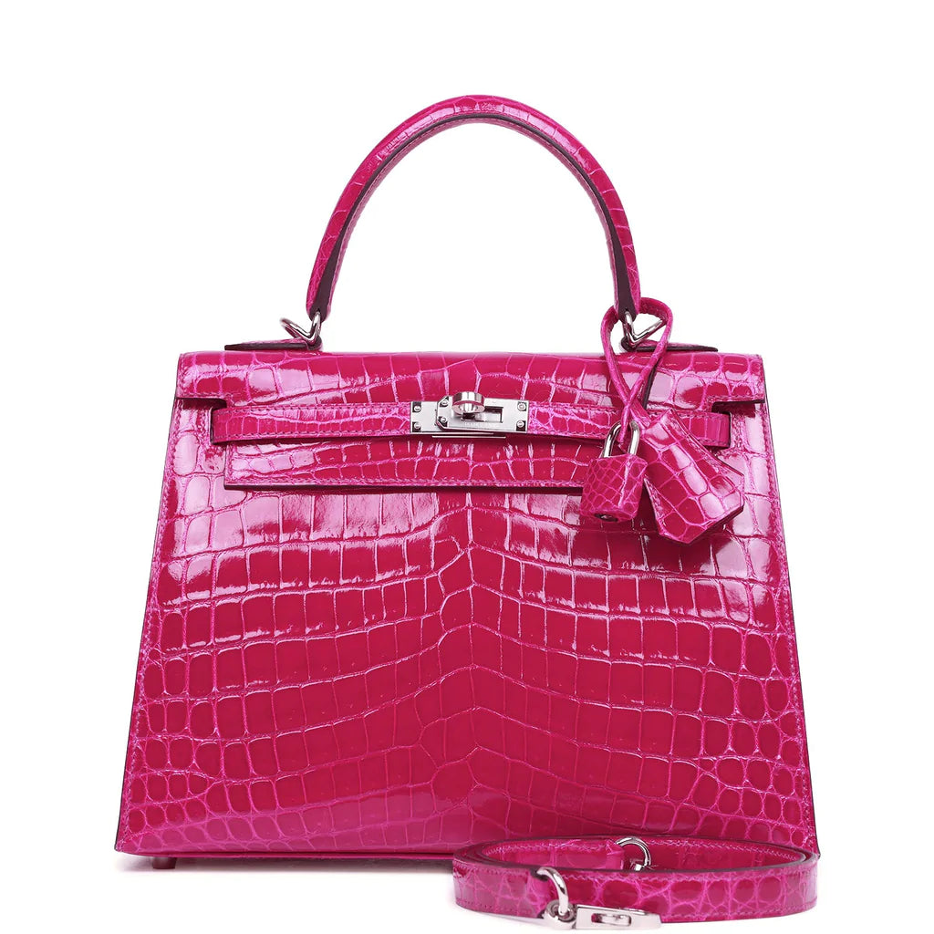 Hermès Kelly Sellier 25 Rose Pourpre Shiny Niloticus Crocodile Palladium Hardware