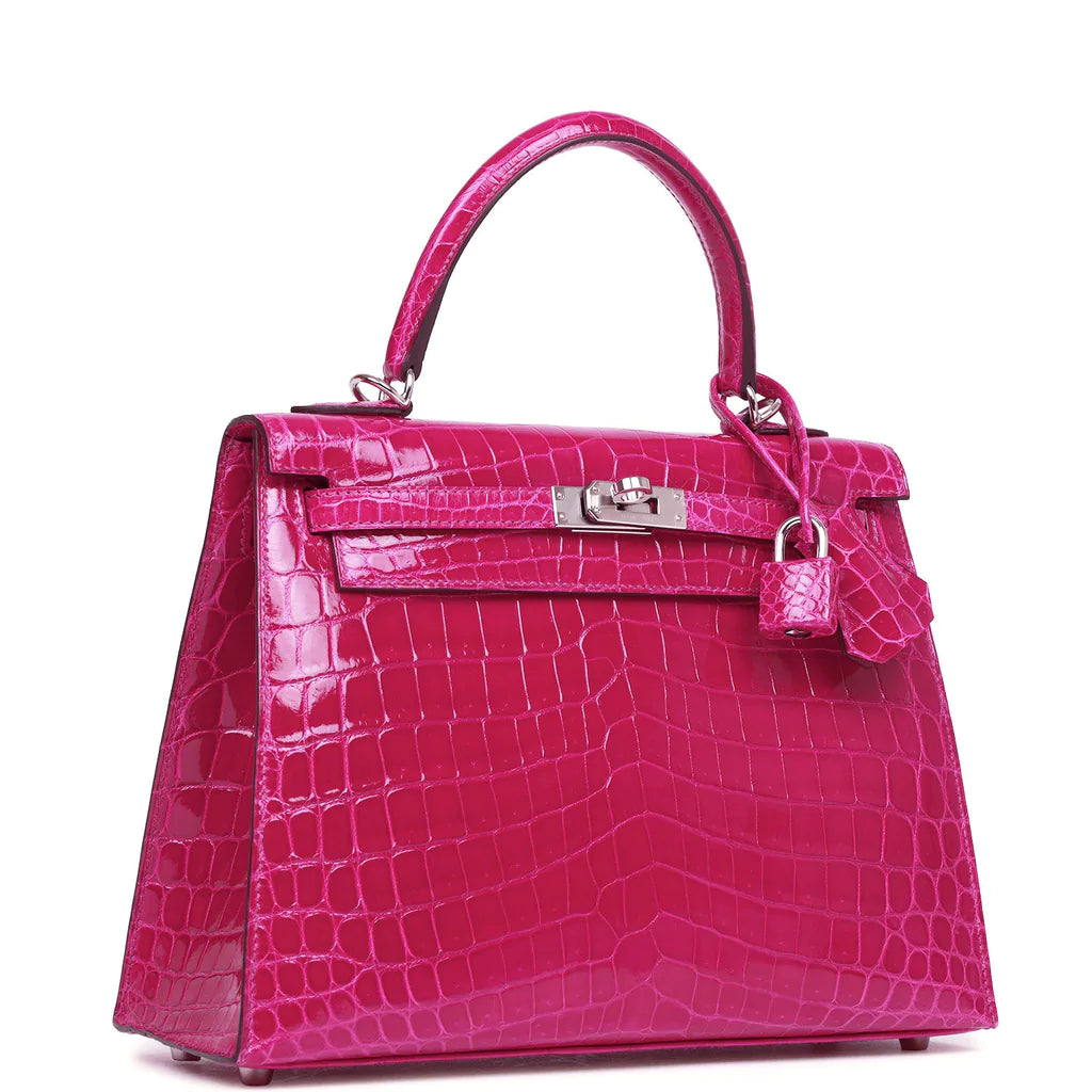 Hermès Kelly Sellier 25 Rose Pourpre Shiny Niloticus Crocodile Palladium Hardware