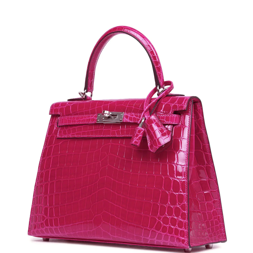 Hermès Kelly Sellier 25 Rose Pourpre Shiny Niloticus Crocodile Palladium Hardware