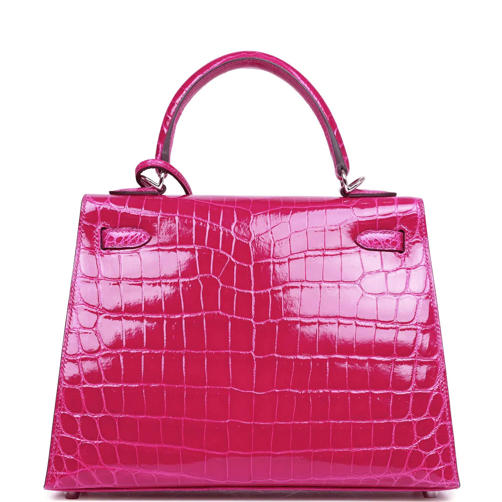 Hermès Kelly Sellier 25 Rose Pourpre Shiny Niloticus Crocodile Palladium Hardware