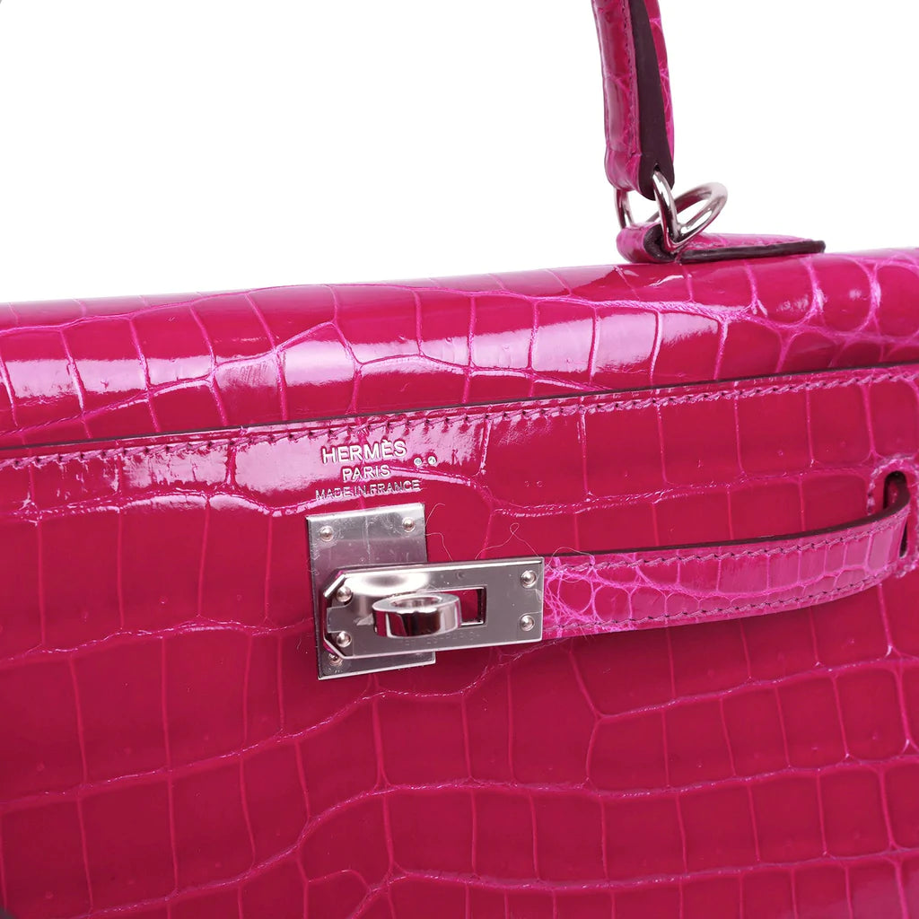 Hermès Kelly Sellier 25 Rose Pourpre Shiny Niloticus Crocodile Palladium Hardware