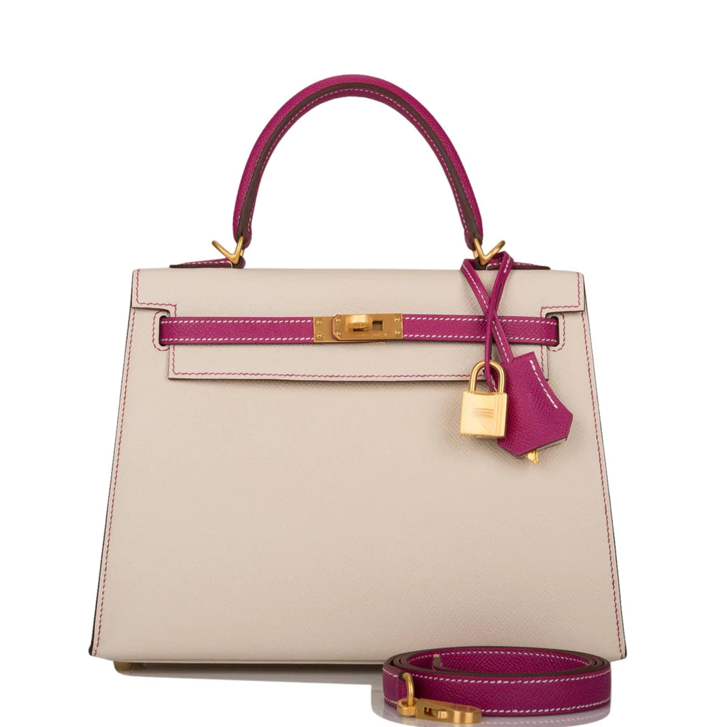 Hermès Special Order (HSS) Kelly Sellier 25 Rose Pourpre and Craie Epsom Brushed Gold Hardware