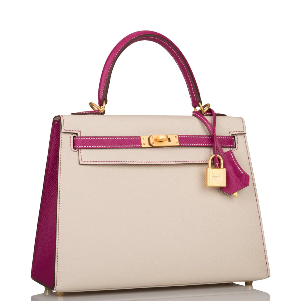 Hermès Special Order (HSS) Kelly Sellier 25 Rose Pourpre and Craie Epsom Brushed Gold Hardware