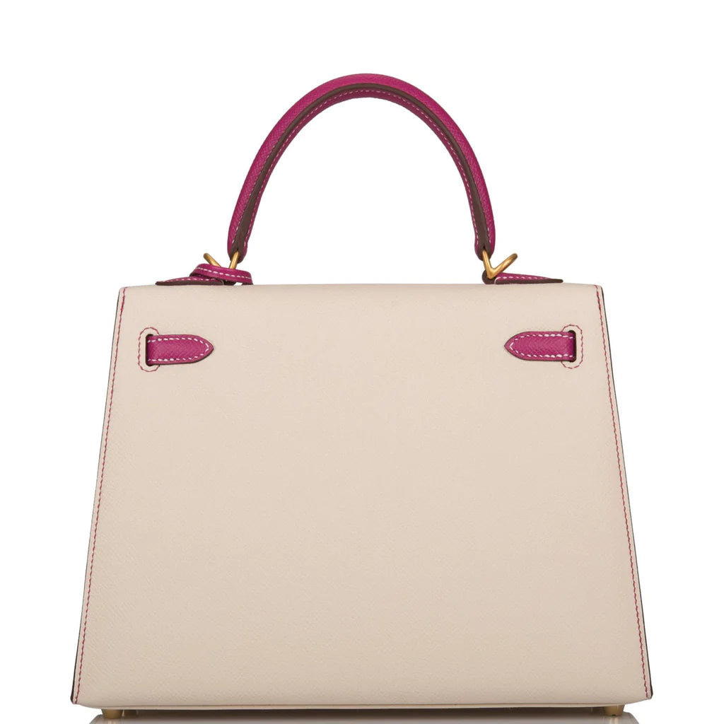 Hermès Special Order (HSS) Kelly Sellier 25 Rose Pourpre and Craie Epsom Brushed Gold Hardware