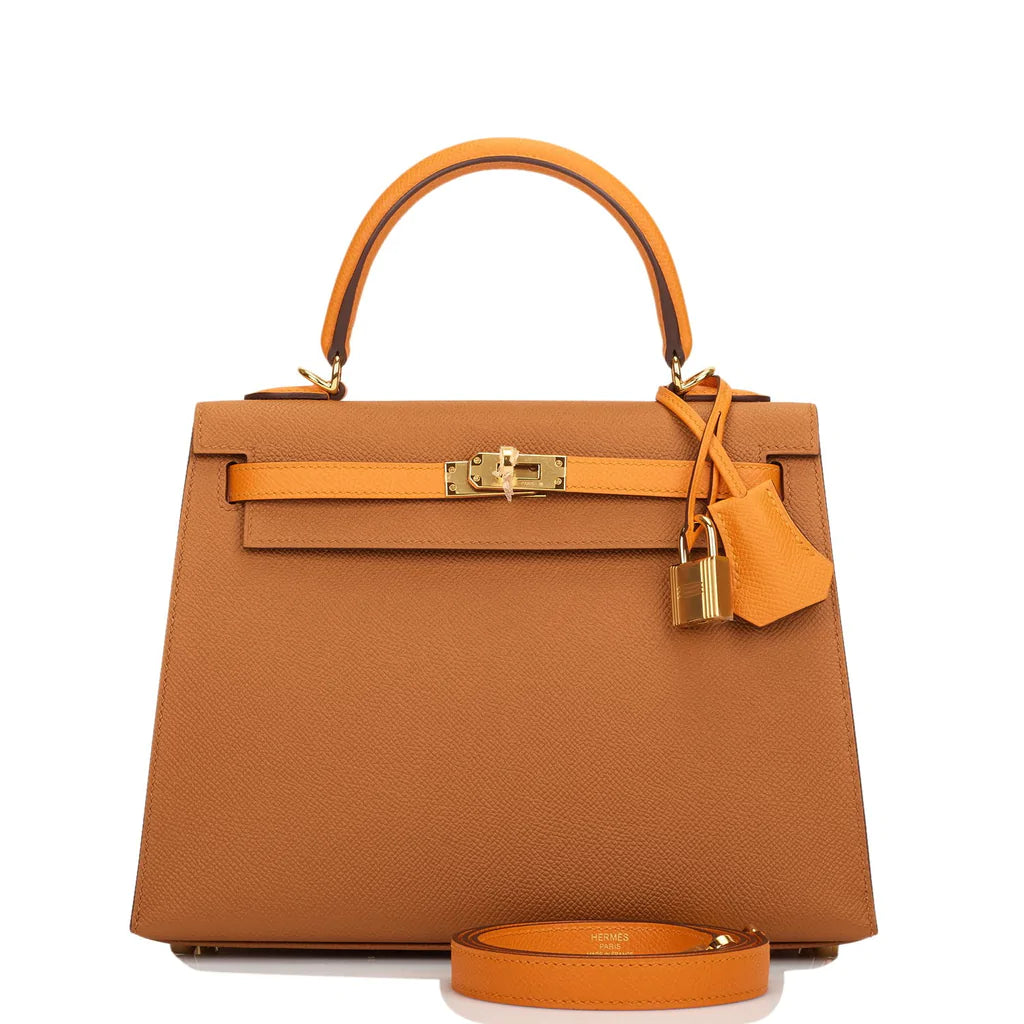 Hermès Special Order (HSS) Kelly Sellier 25 Gold and Apricot Epsom Gold Hardware