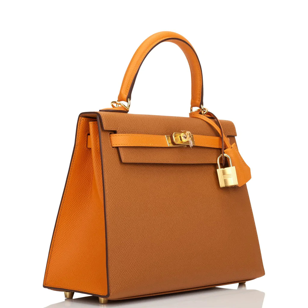 Hermès Special Order (HSS) Kelly Sellier 25 Gold and Apricot Epsom Gold Hardware