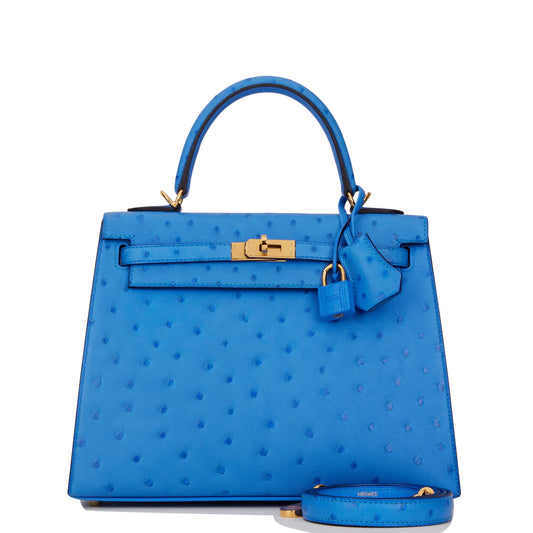 Hermès Kelly Sellier 25 Bleuet Ostrich Gold Hardware