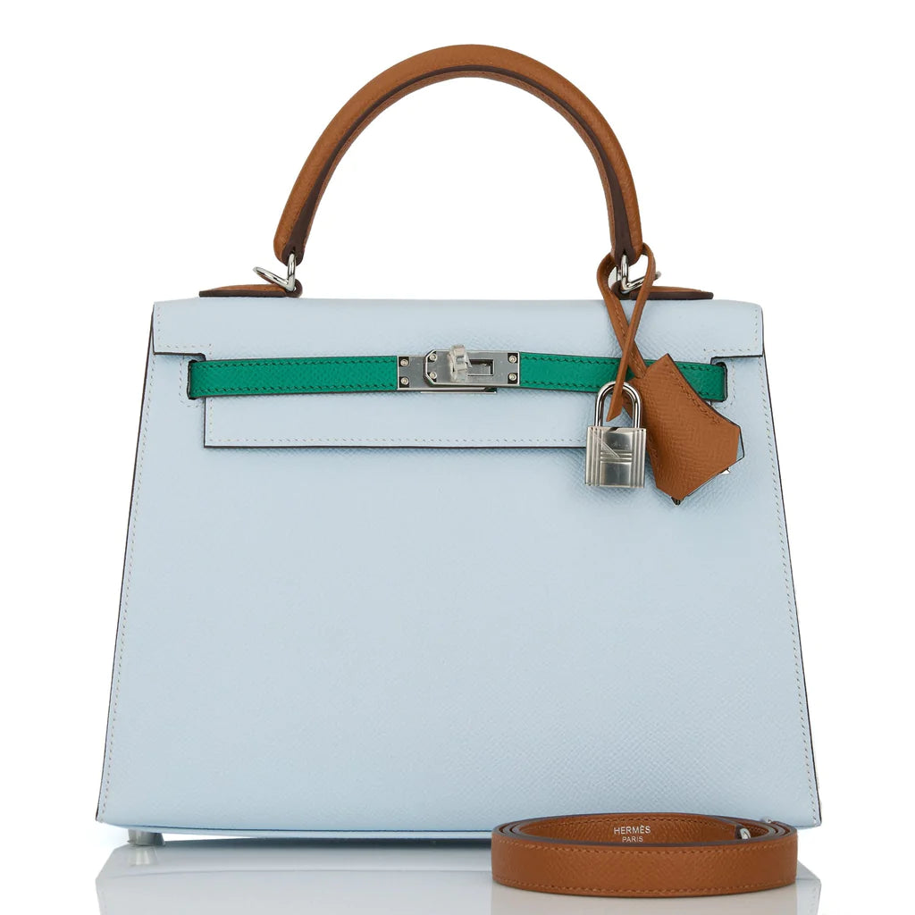 Hermès Kelly Sellier 25 Tri-Color Bleu Brume, Vert Jade and Gold Epsom Palladium Hardware