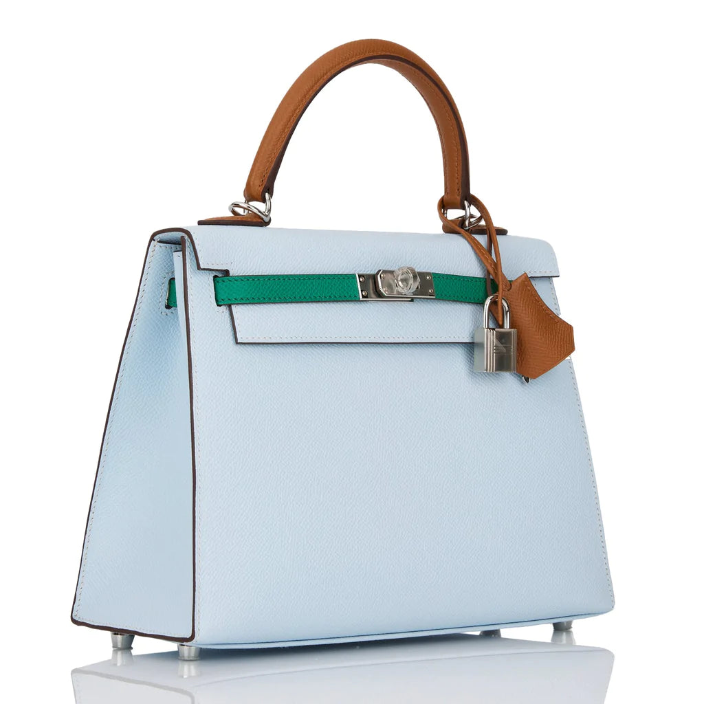 Hermès Kelly Sellier 25 Tri-Color Bleu Brume, Vert Jade and Gold Epsom Palladium Hardware