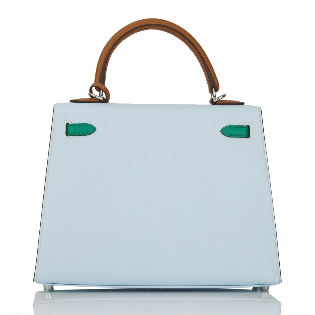 Hermès Kelly Sellier 25 Tri-Color Bleu Brume, Vert Jade and Gold Epsom Palladium Hardware