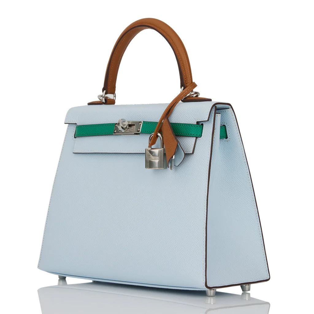 Hermès Kelly Sellier 25 Tri-Color Bleu Brume, Vert Jade and Gold Epsom Palladium Hardware