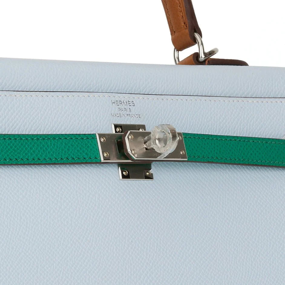 Hermès Kelly Sellier 25 Tri-Color Bleu Brume, Vert Jade and Gold Epsom Palladium Hardware