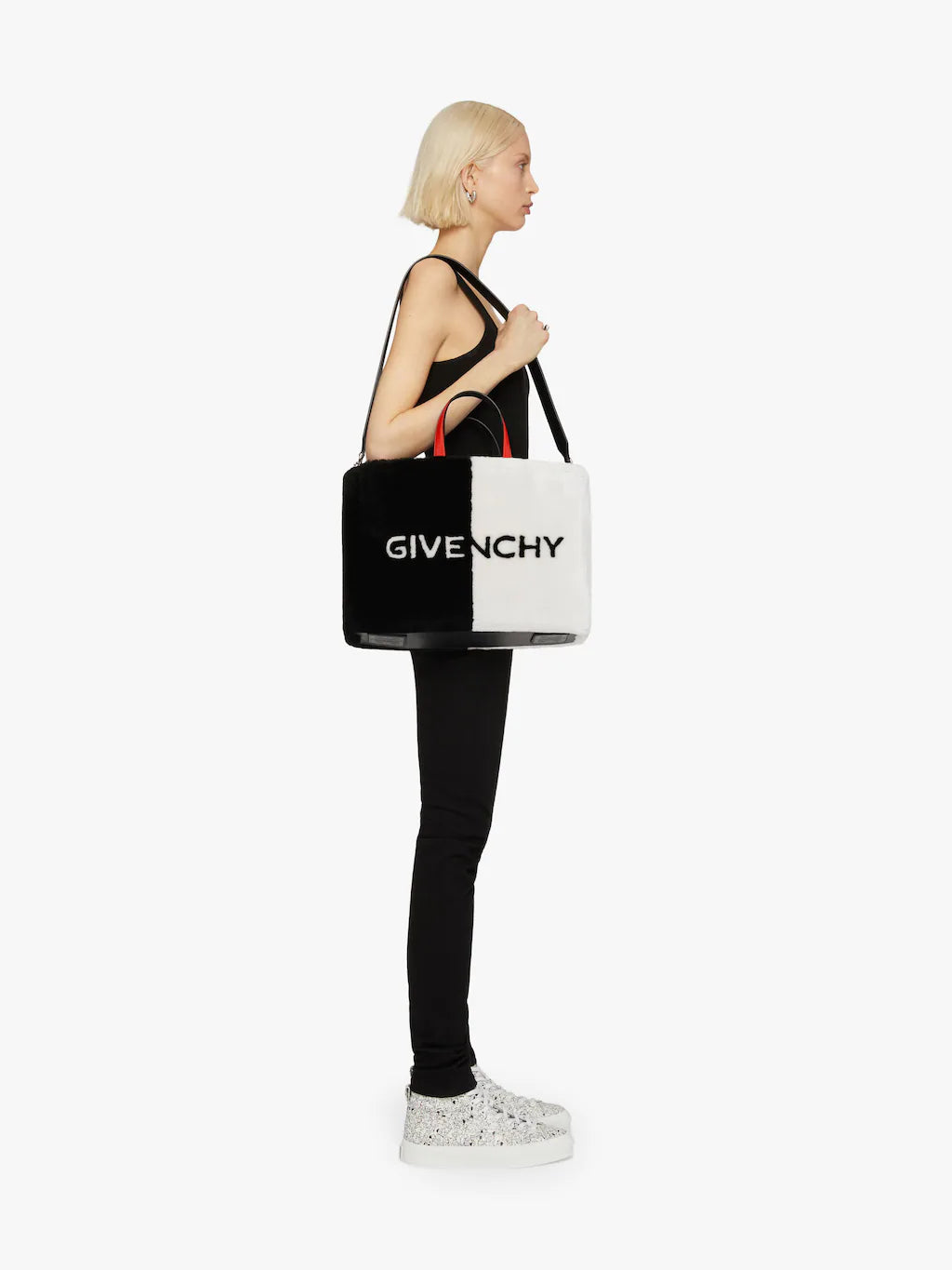 Medium G Tote shopping bag in shearling Black/white