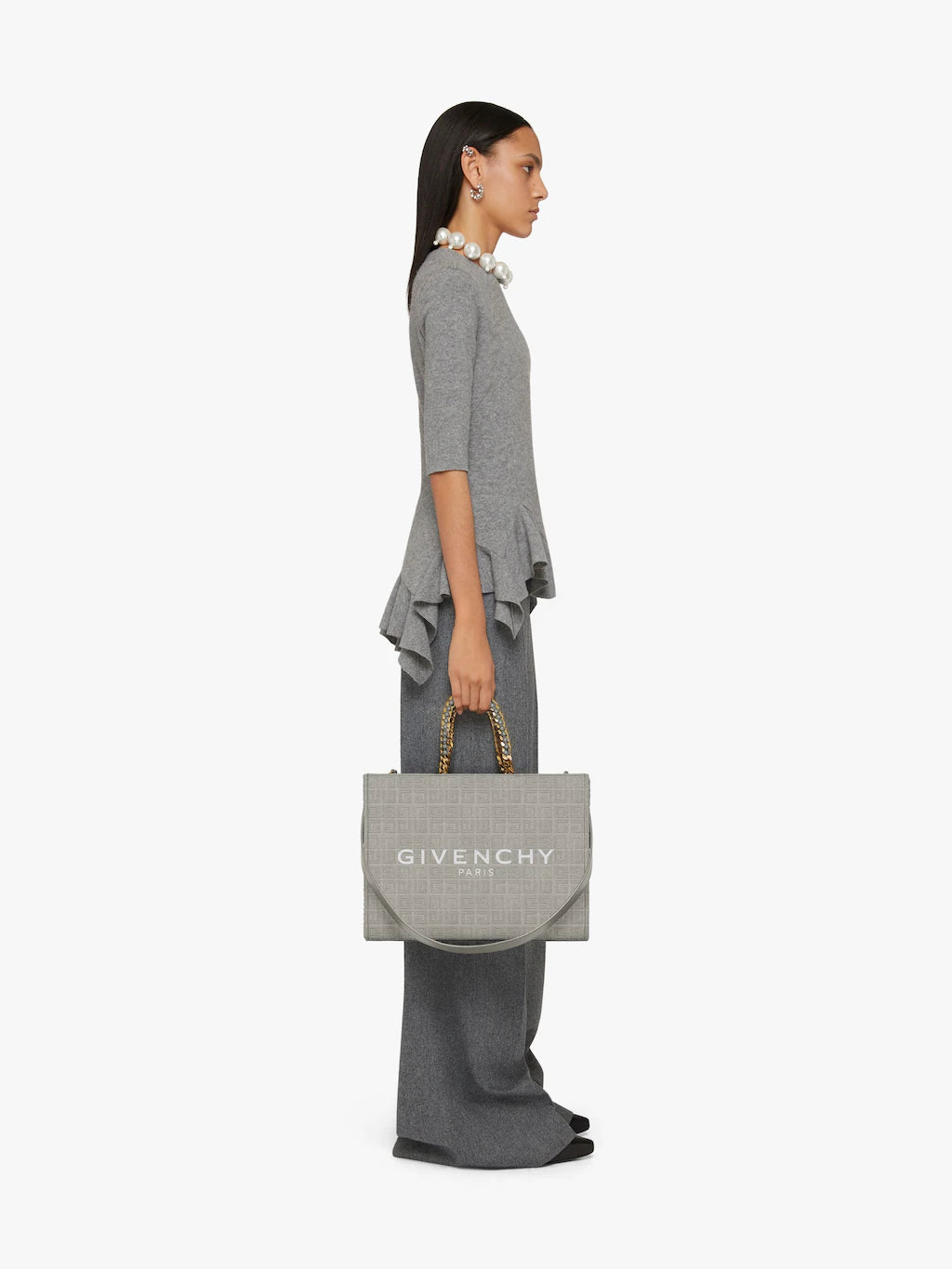 Medium G Tote shopping bag in 4G embroidered canvas Stone grey