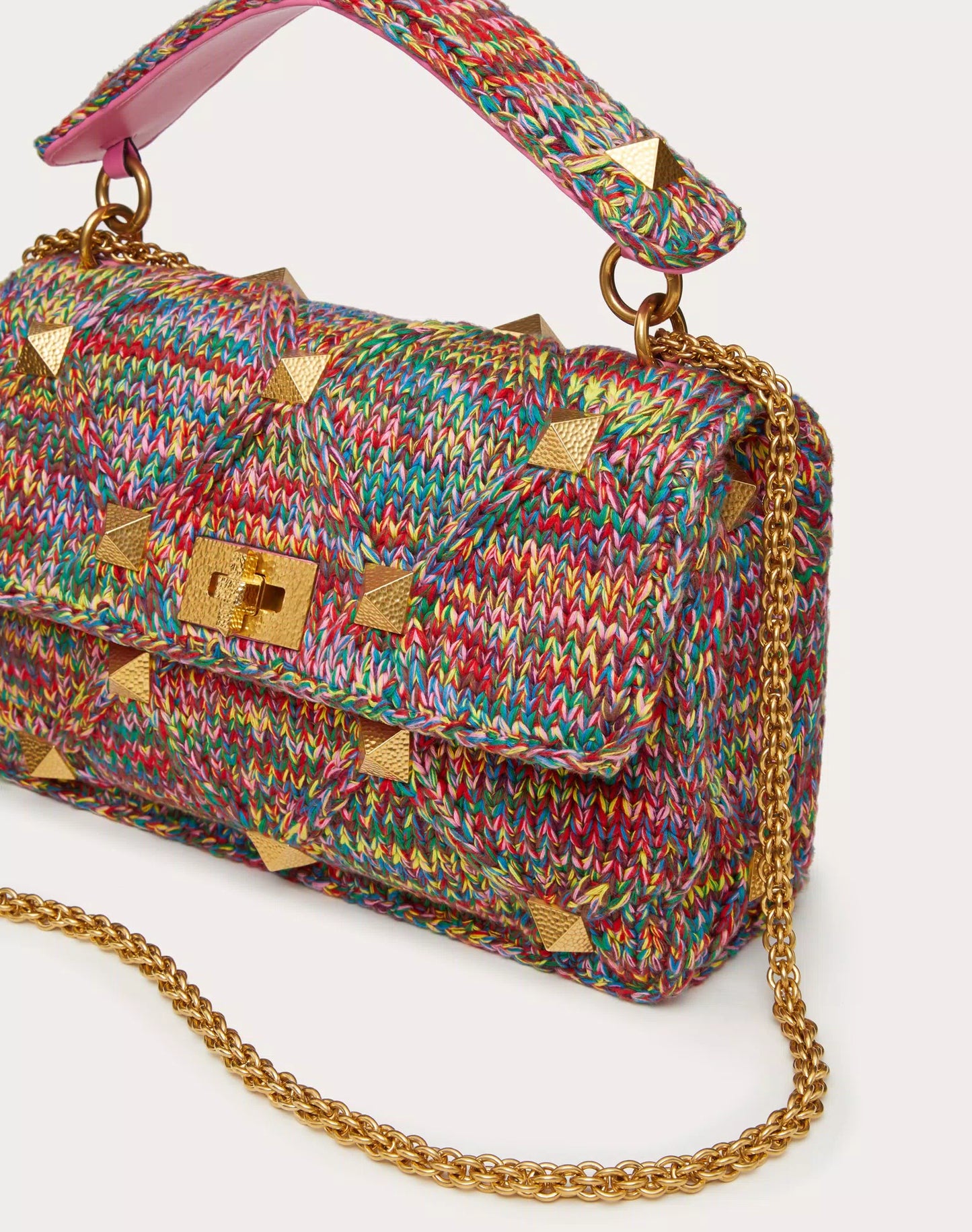 LARGE MULTICOLORED COTTON ROMAN STUD THE SHOULDER BAG WITH CHAIN