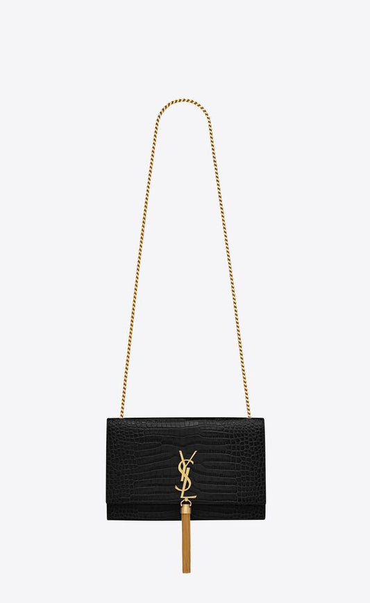 Black KATE MEDIUM WITH TASSEL IN CROCODILE-EMBOSSED SHINY LEATHER