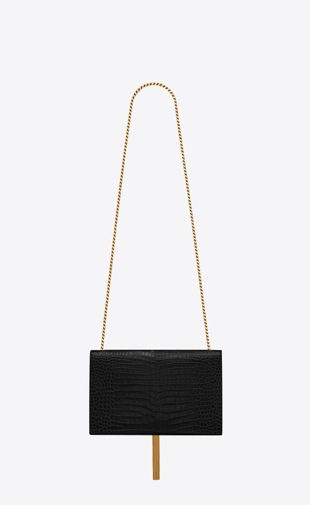 Black KATE MEDIUM WITH TASSEL IN CROCODILE-EMBOSSED SHINY LEATHER