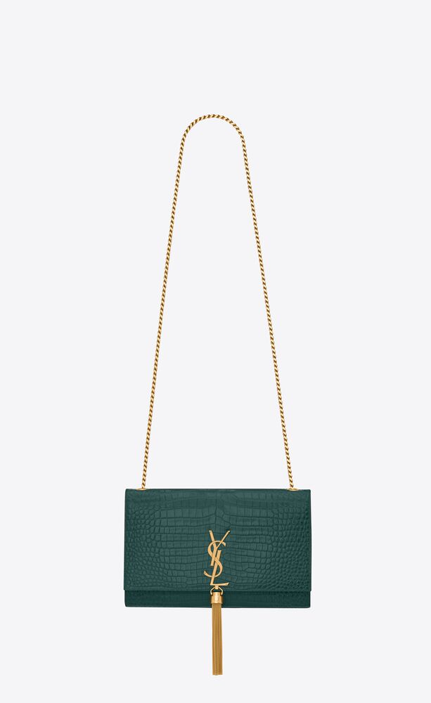 KATE MEDIUM CHAIN BAG WITH TASSEL IN SHINY CROCODILE-EMBOSSED LEATHER