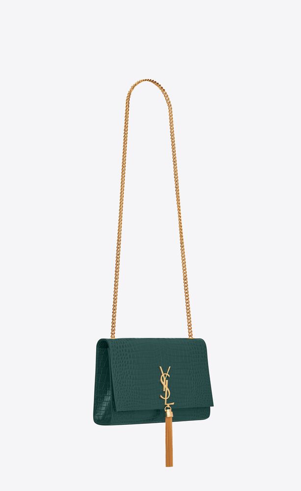 KATE MEDIUM CHAIN BAG WITH TASSEL IN SHINY CROCODILE-EMBOSSED LEATHER