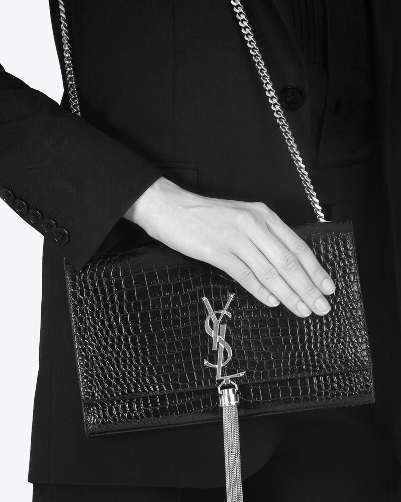 KATE MEDIUM CHAIN BAG WITH TASSEL IN SHINY CROCODILE-EMBOSSED LEATHER