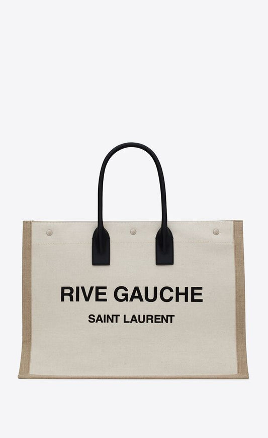 WHITE LINEN RIVE GAUCHE TOTE BAG IN LINEN AND LEATHER