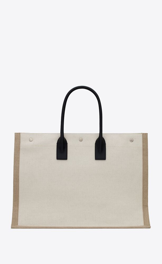 WHITE LINEN RIVE GAUCHE TOTE BAG IN LINEN AND LEATHER