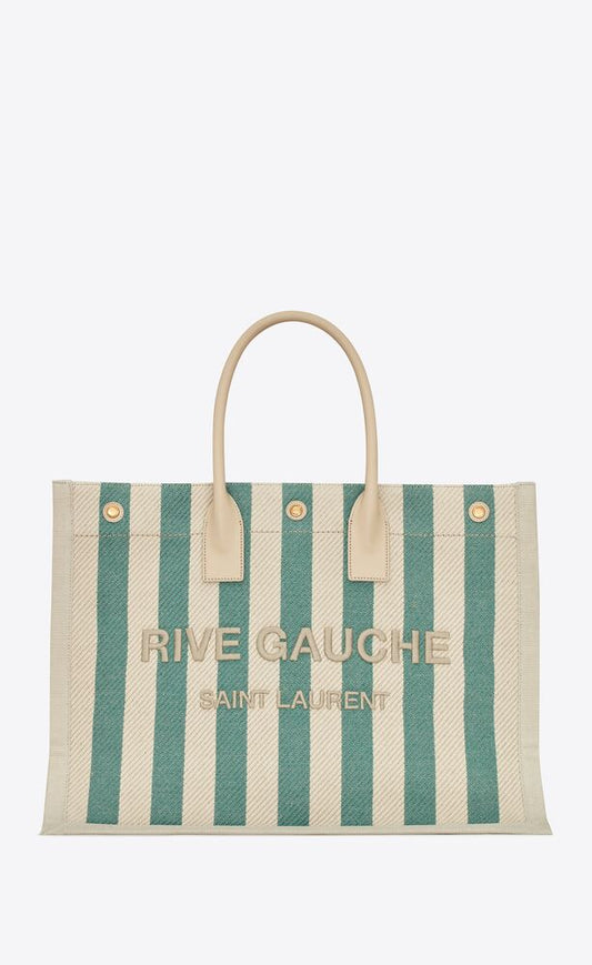 RIVE GAUCHE TOTE BAG IN STRIPED CANVAS AND SMOOTH LEATHER