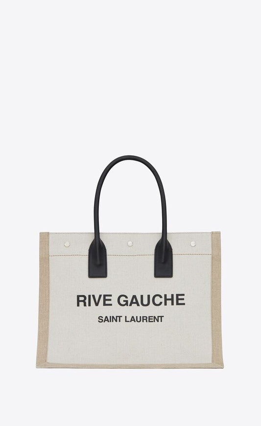 RIVE GAUCHE SMALL TOTE BAG IN LINEN AND LEATHER