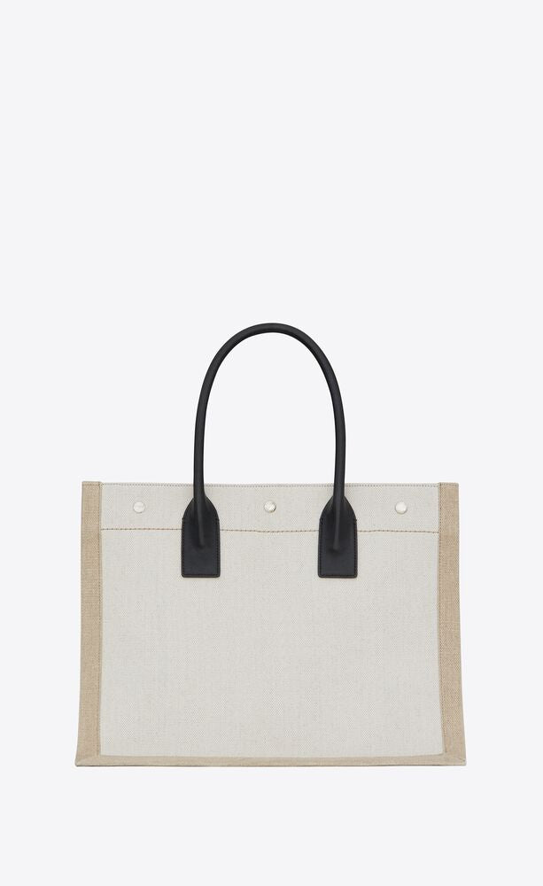 RIVE GAUCHE SMALL TOTE BAG IN LINEN AND LEATHER