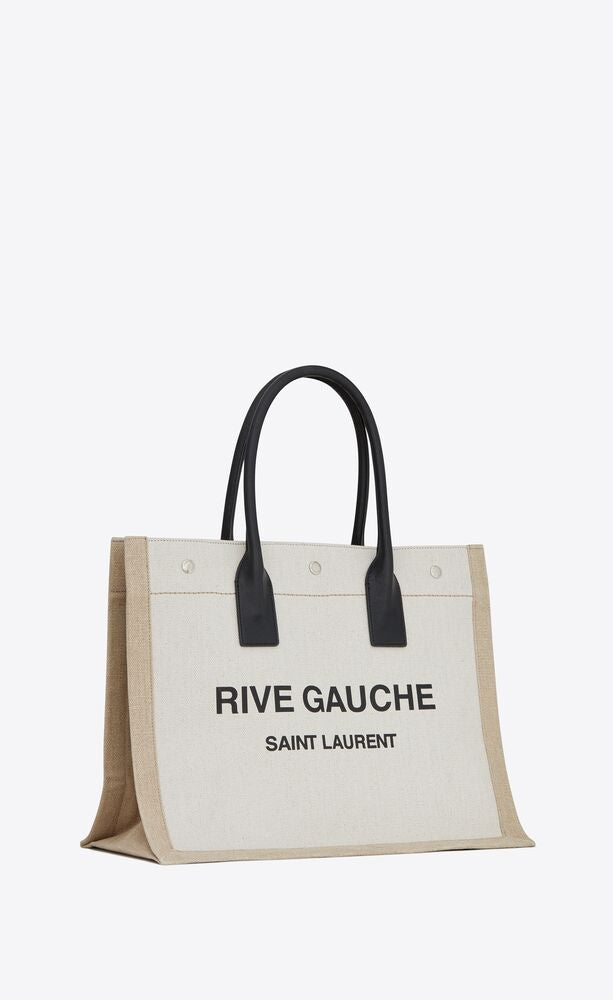 RIVE GAUCHE SMALL TOTE BAG IN LINEN AND LEATHER