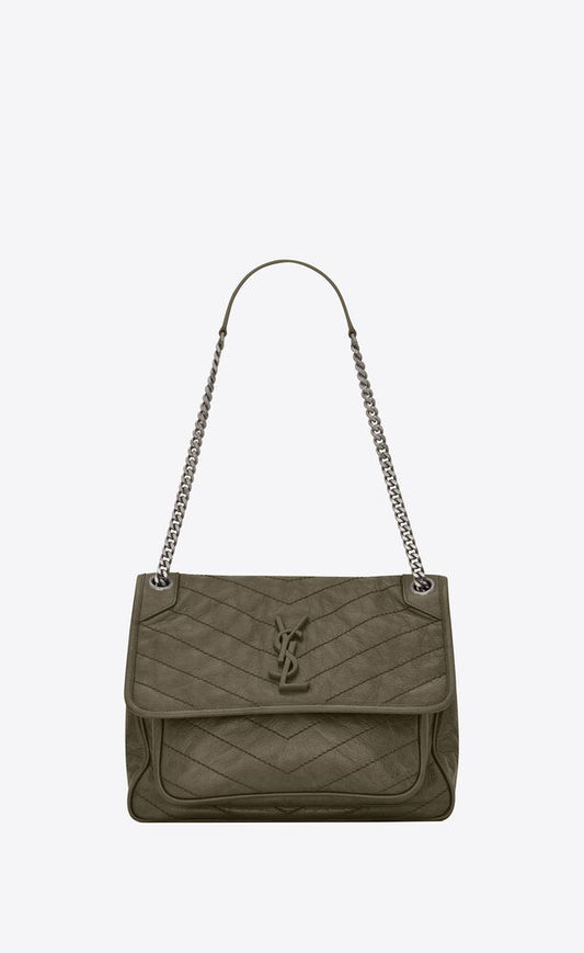 GREY KHAKI NIKI MEDIUM IN QUILTED VINTAGE CRINKLED LEATHER