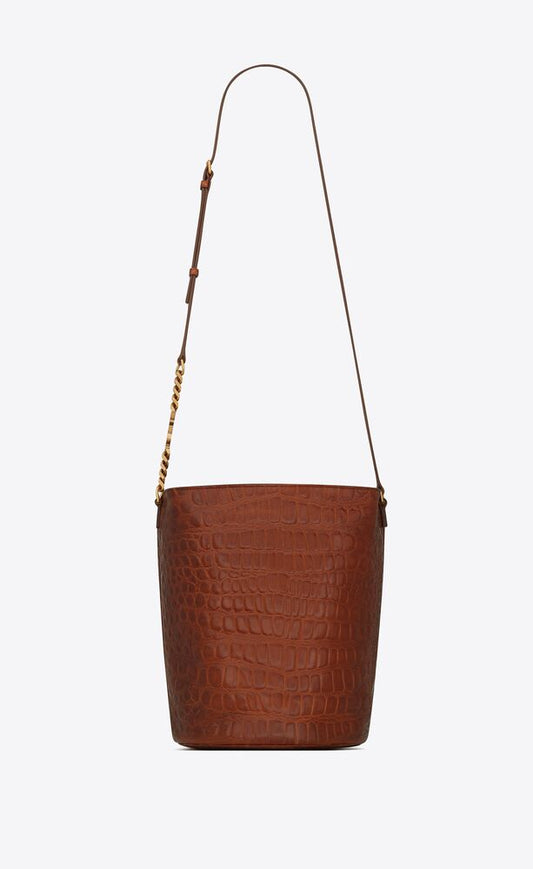 VINTAGE BUCKET BAG IN LACQUERED CROCODILE-EMBOSSED LEATHER