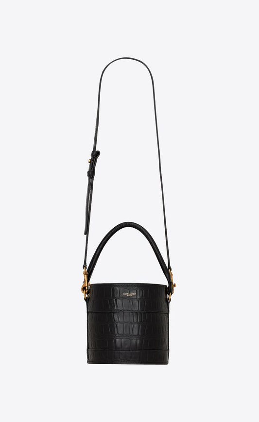 BAHIA SMALL BUCKET BAG IN CROCODILE-EMBOSSED LACQUERED LEATHER