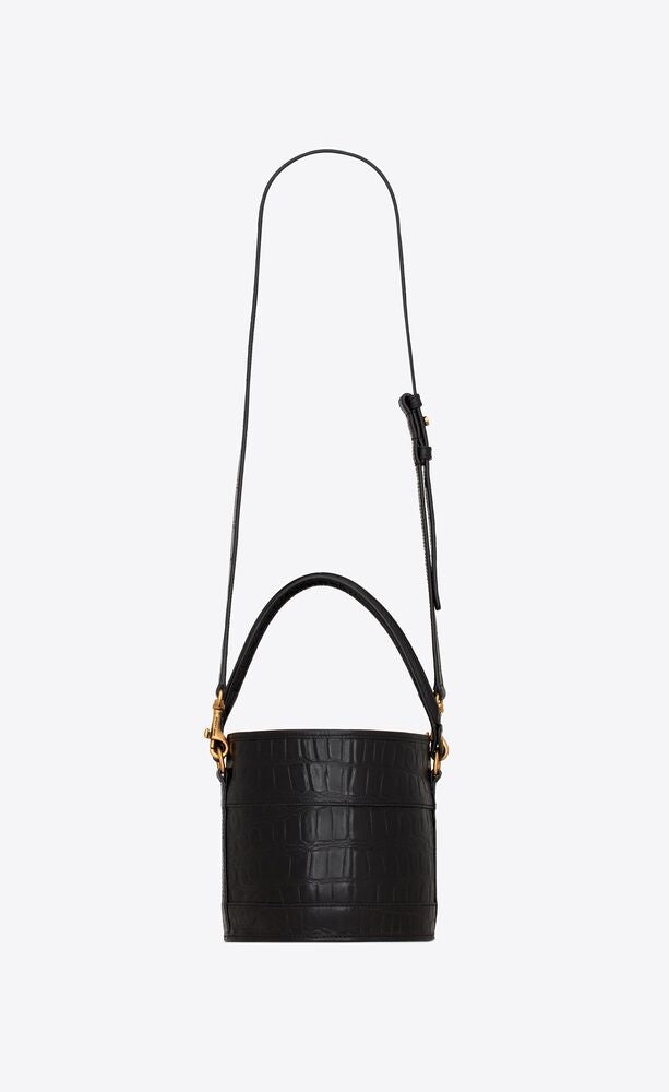 BAHIA SMALL BUCKET BAG IN CROCODILE-EMBOSSED LACQUERED LEATHER