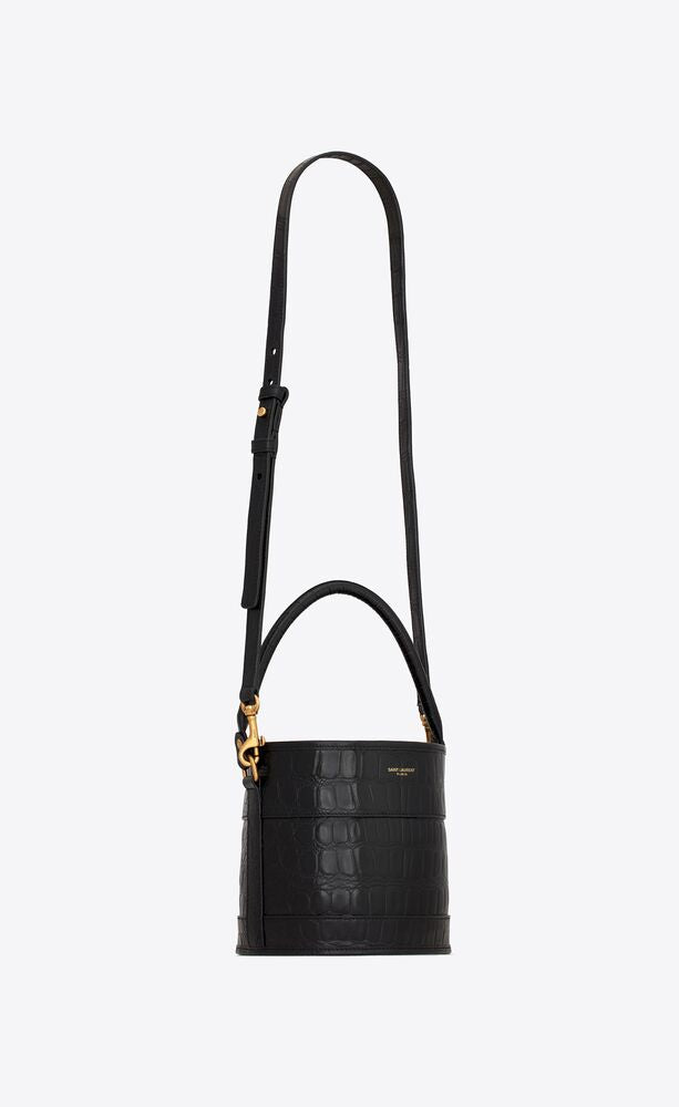 BAHIA SMALL BUCKET BAG IN CROCODILE-EMBOSSED LACQUERED LEATHER