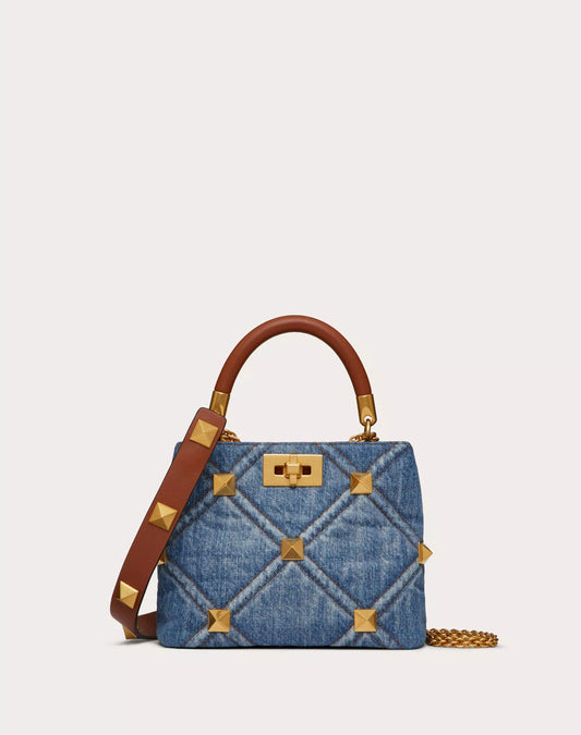 SMALL ROMAN STUD THE HANDLE BAG IN DENIM