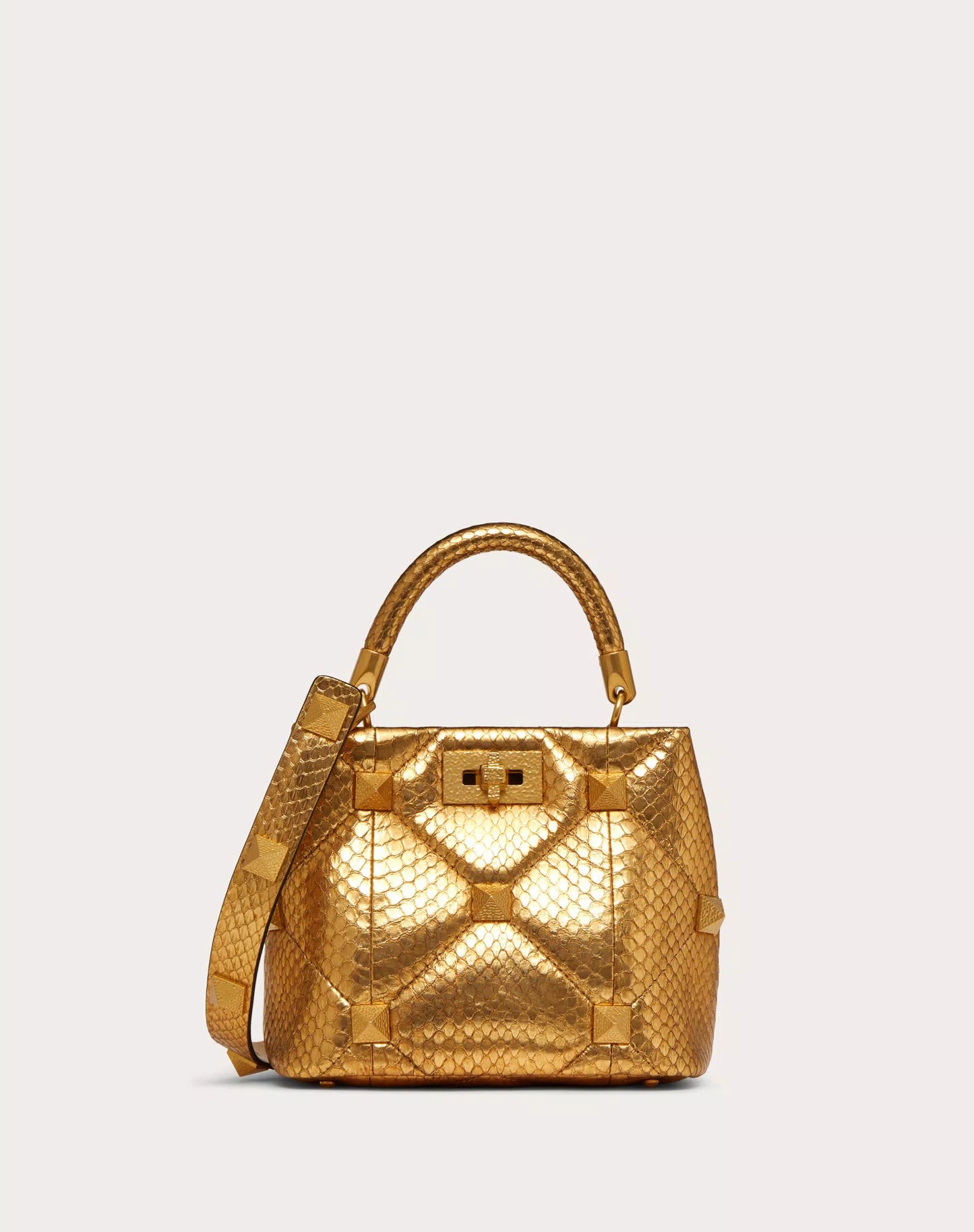 SMALL ROMAN STUD THE HANDLE BAG IN METALLIC SNAKESKIN