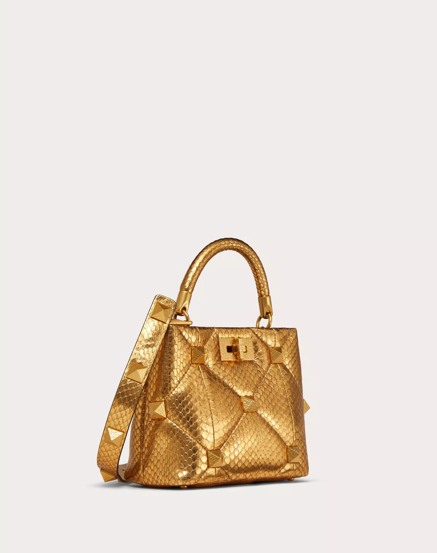 SMALL ROMAN STUD THE HANDLE BAG IN METALLIC SNAKESKIN