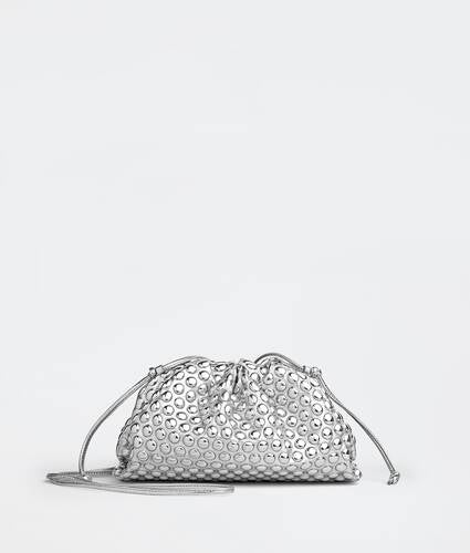 Mini metalized fabric clutch with strap