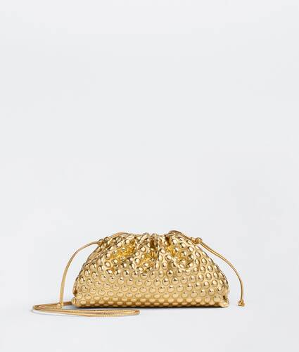 Mini metalized fabric clutch with strap